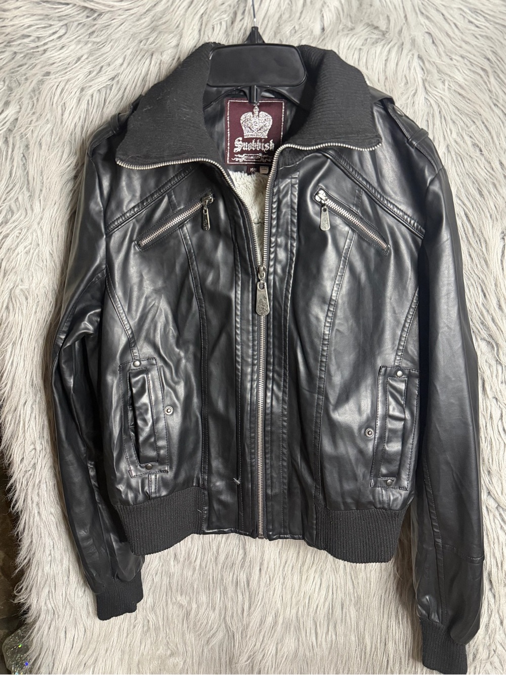 Women’s Black Leather Bomber Jacket with Ribbed Trim